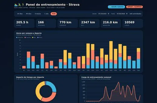 Panel de entrenamiento con datos de Strava